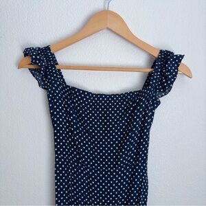 SOLD ON XP Lulu’s Dream Love Navy Blue Polka Dot Off-the-Shoulder Maxi Dress